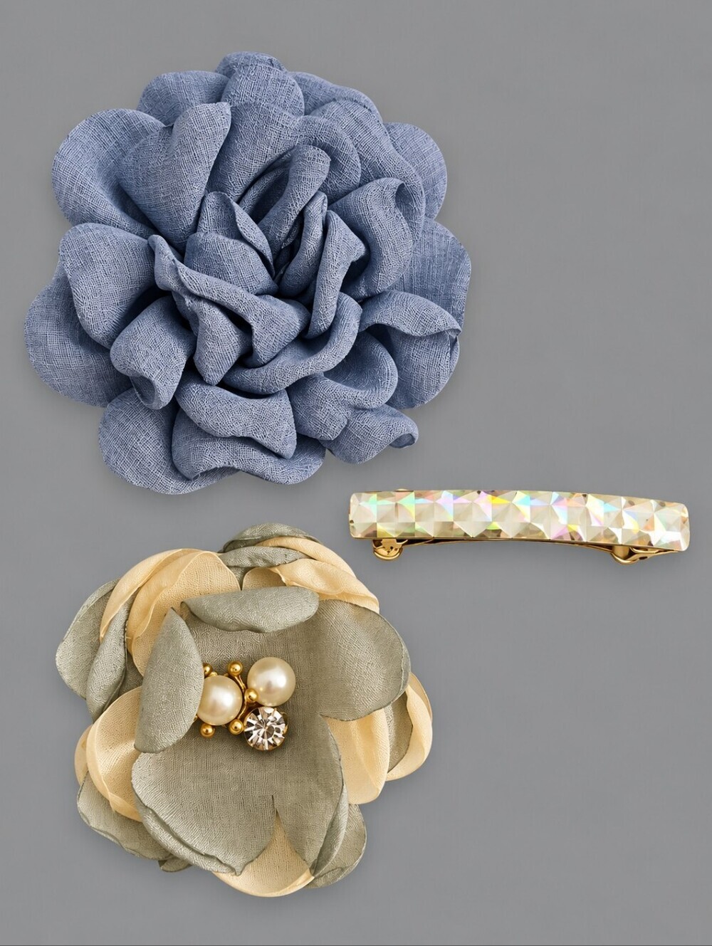 Vintage Blue Floral Hair Clips and Holographic Barrette